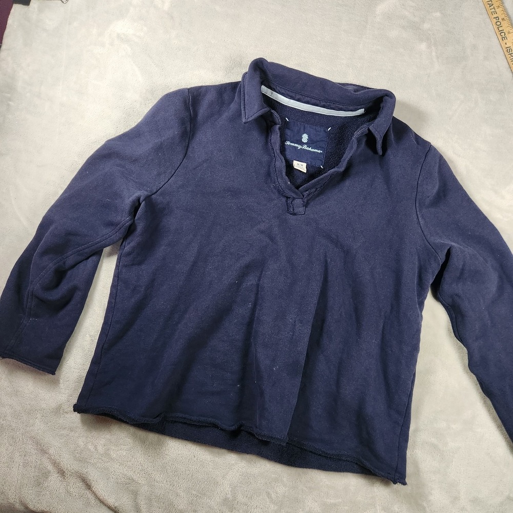 Tommy Bahama Womens M Blue Cotton V-Neck Long Sleeve Polo Resort Cropped Boxy